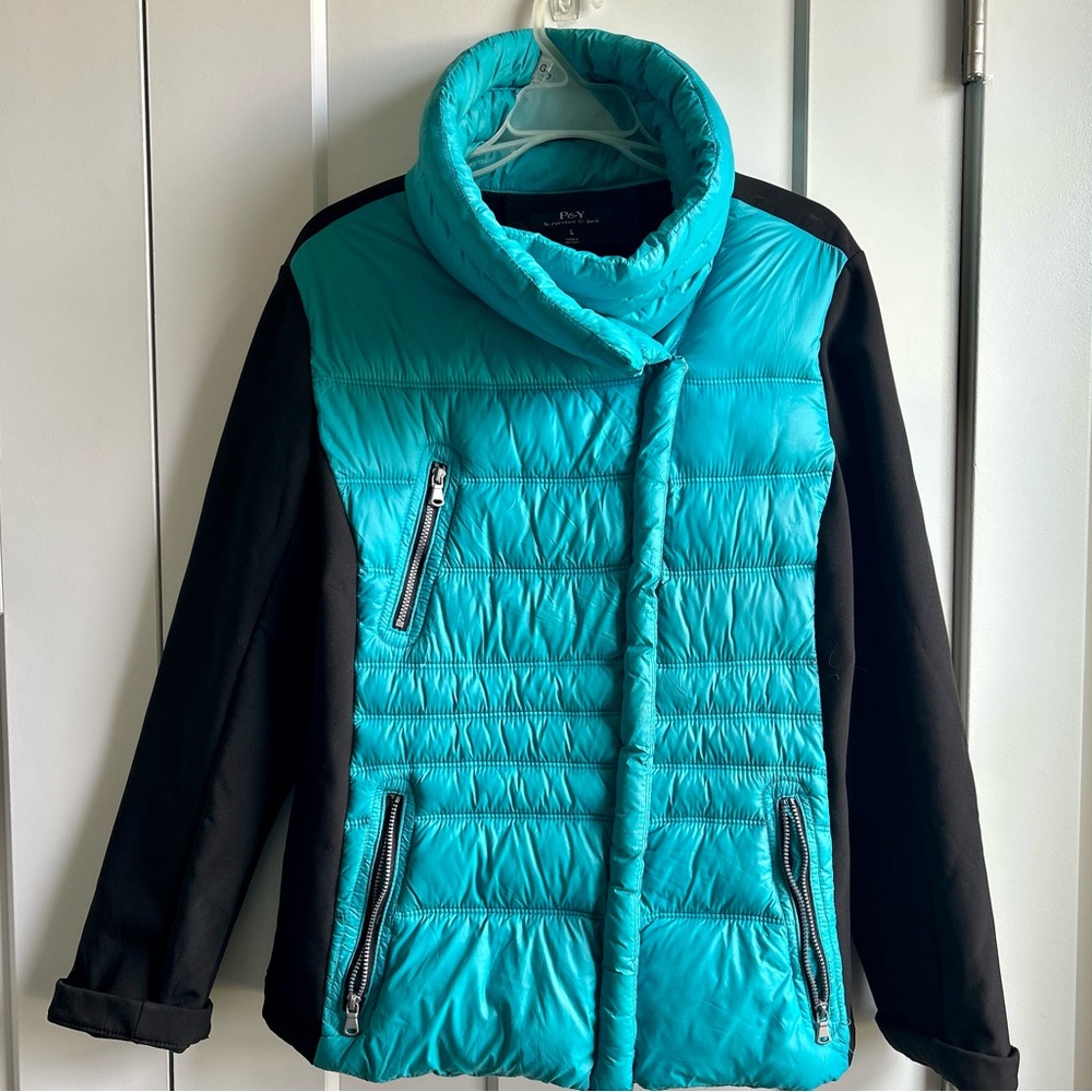 Trendy aqua blue multi textured jacket size large